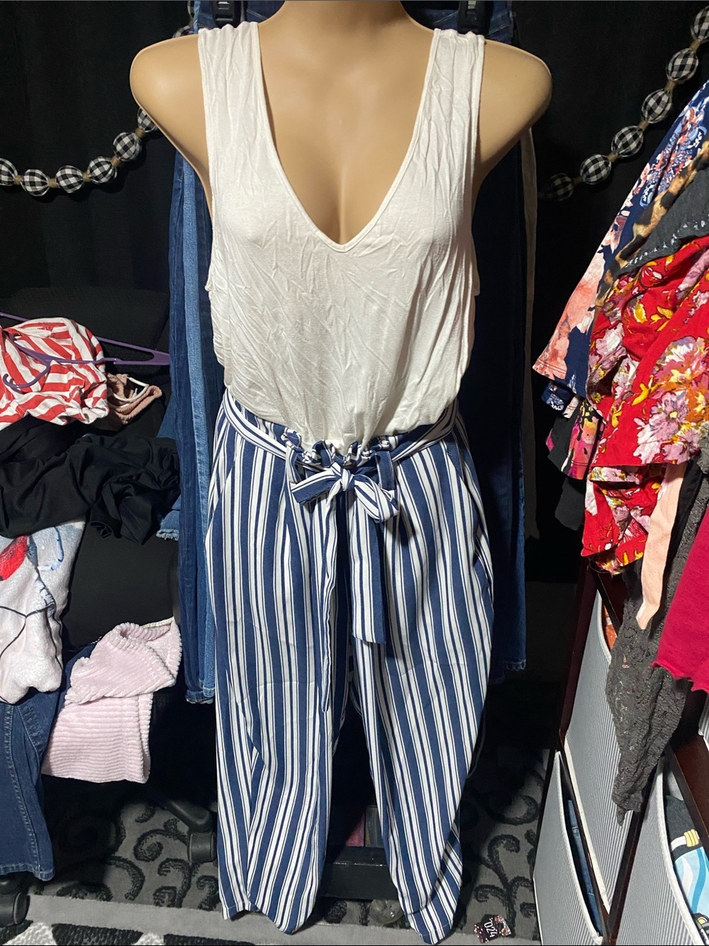 Sleeveless White V-Neck Top with Navy Striped Paperbag Waist Pants